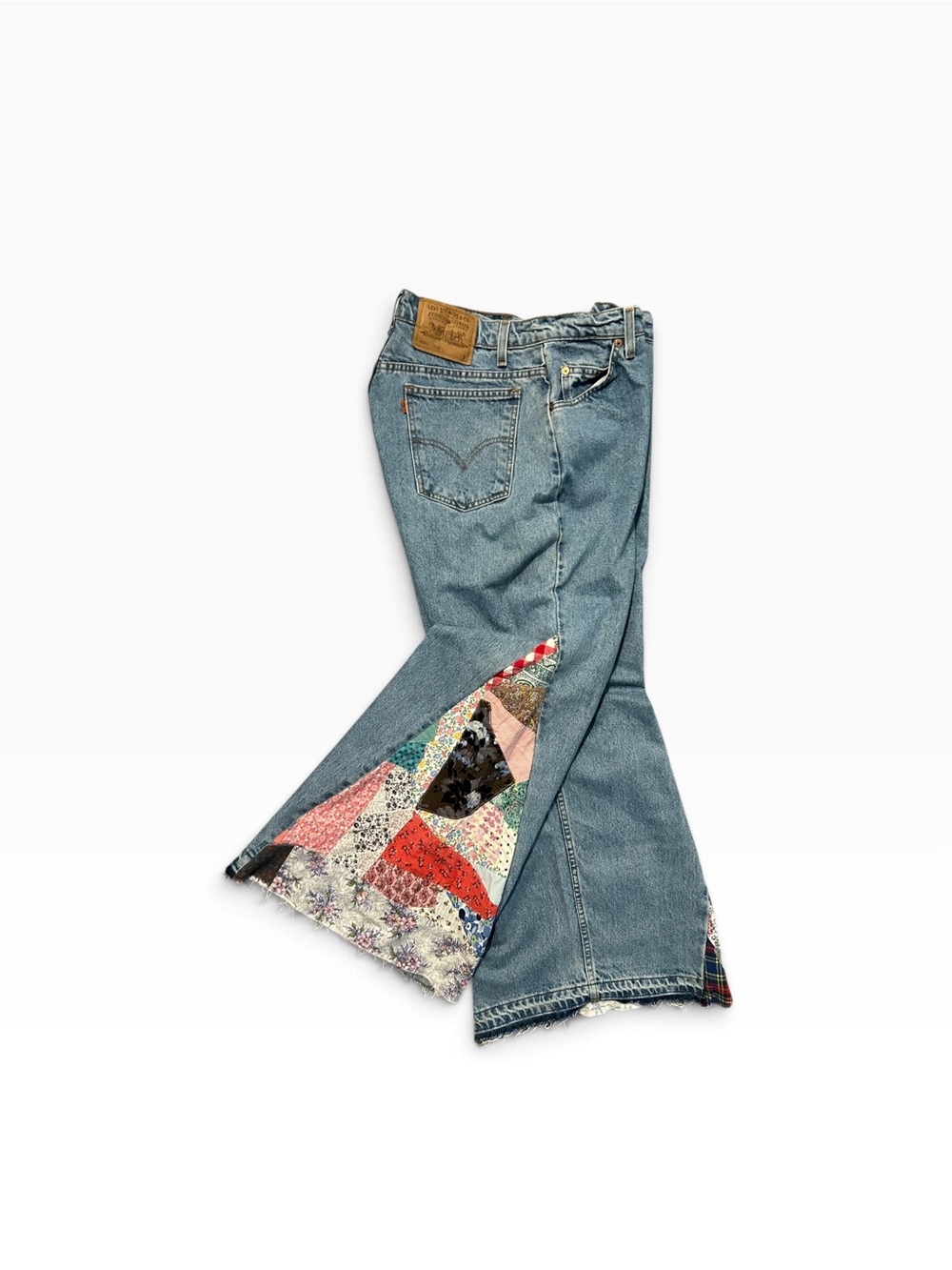 Levi's ORANGE TAB Blue Denim Patchwork Bellbottoms Flares Quilted 35.5” x 29.5”